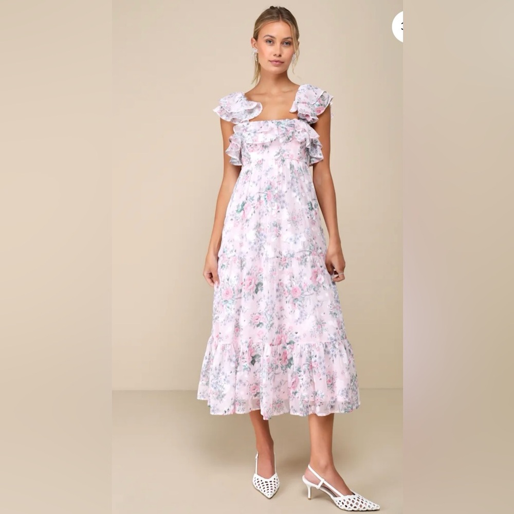 Genuine Sweetness Light Pink Floral Jacquard Lace-Up Midi Dress - LuLu sizeM